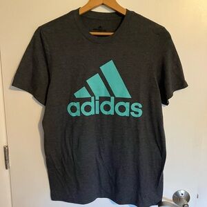 Size M, ADIDAS, unisex, charcoal gray t-shirt with teal lettering